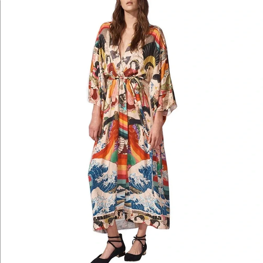 Asian print kimono Cover ups robe Floral Print